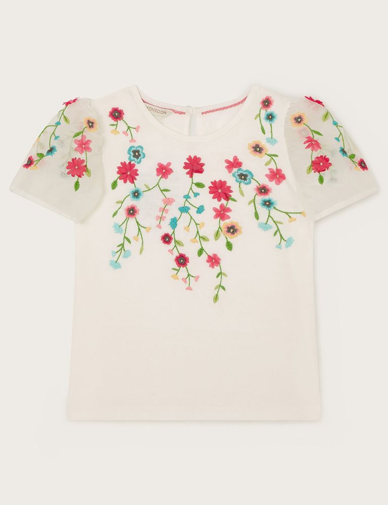 Cotton Rich Flower Embroidered Top (3-13 Yrs) 1 of 3