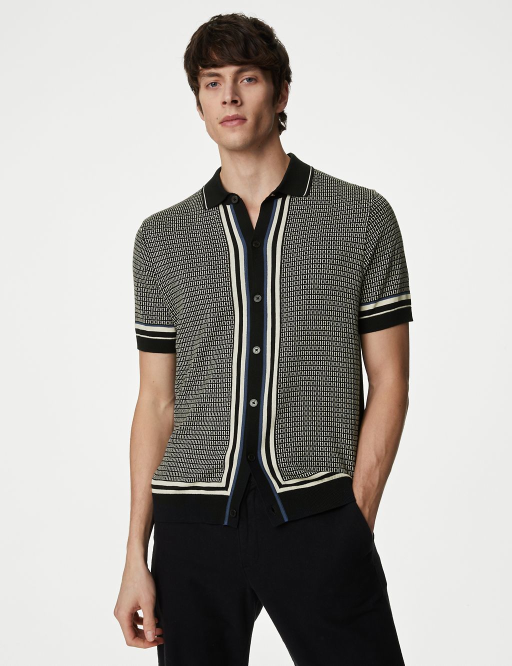 Cotton Rich Geometric Knitted Polo Shirt 2 of 8