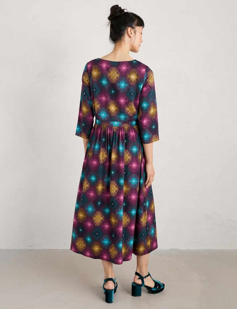 Cotton Rich Geometric Midi Waisted Dress 4 of 6