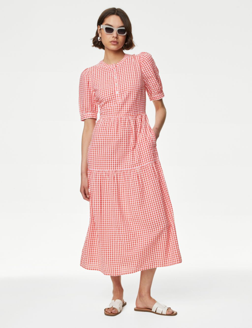 Cotton Rich Gingham Midi Tiered Dress 3 of 4