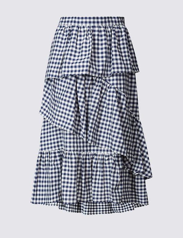 Cotton Rich Gingham Ruffle A-Line Midi Skirt Image 1 of 1