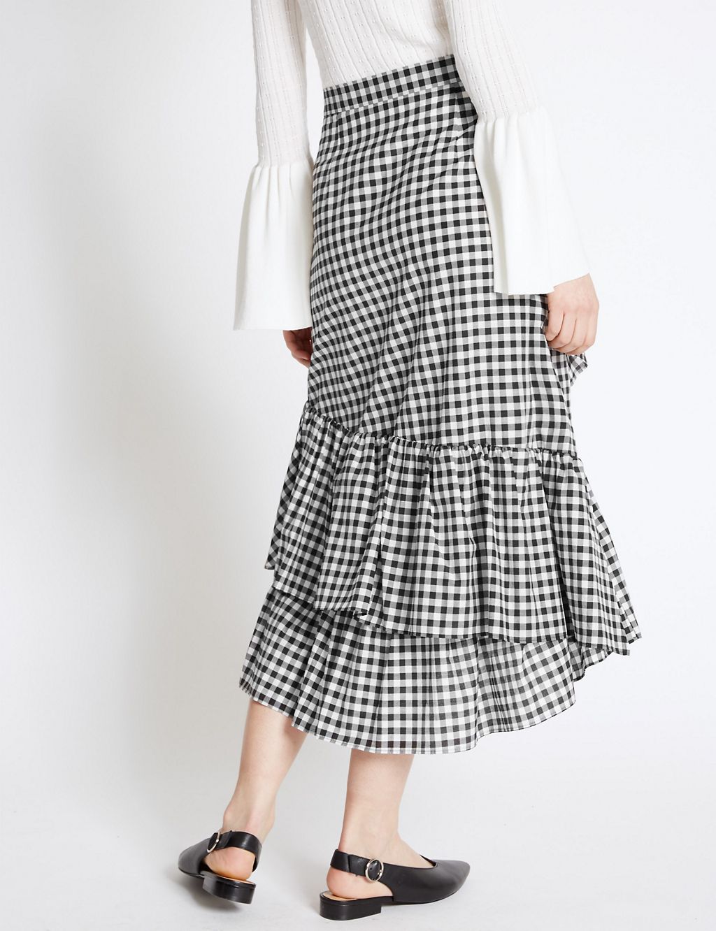 Cotton Rich Gingham Ruffle A-Line Midi Skirt 4 of 5