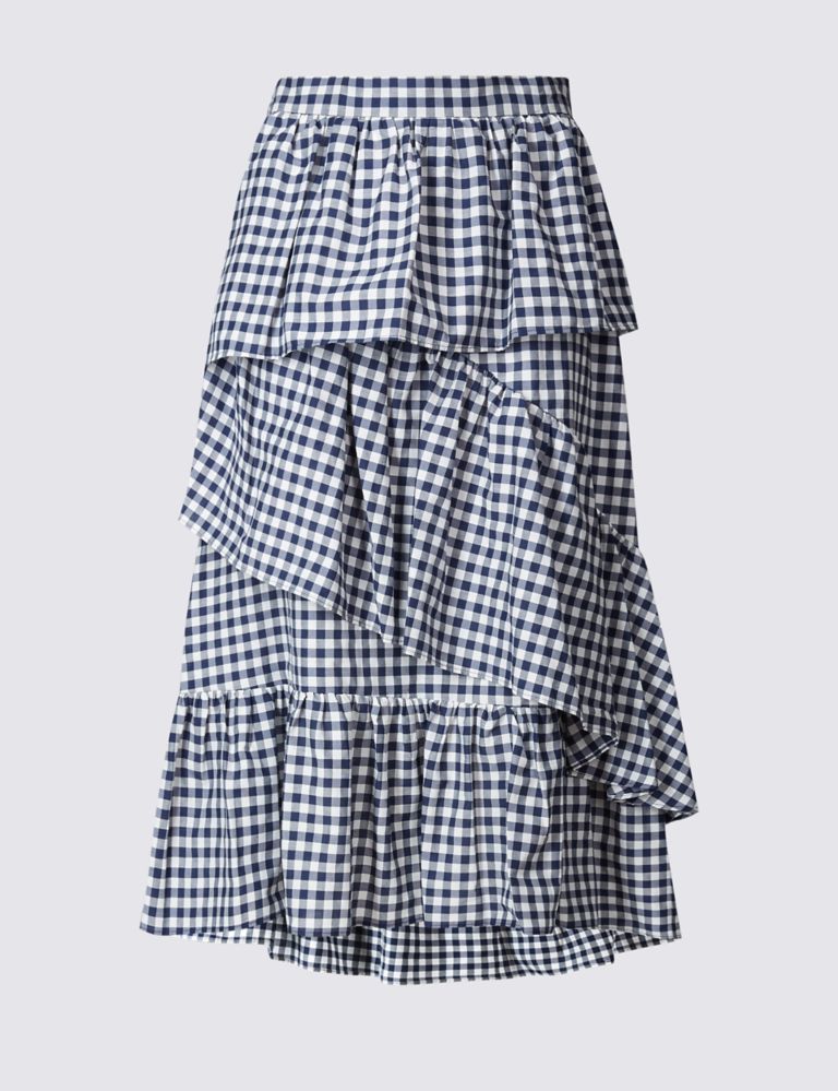 Cotton Rich Gingham Ruffle A-Line Midi Skirt 1 of 1