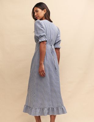Cotton Rich Gingham V-Neck Midaxi Tea Dress Image 2 of 5