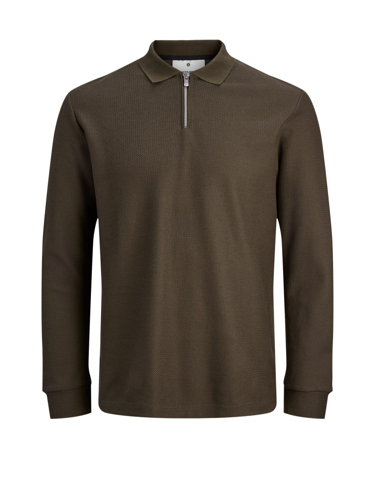 Cotton Rich Half Zip Long Sleeve Polo Shirt