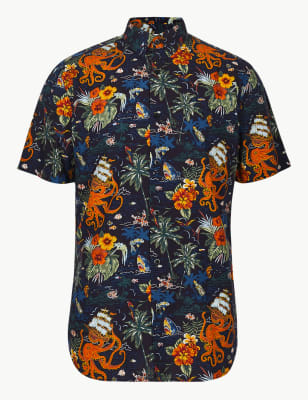 Cotton Rich Hawaiian Palm Print Shirt, Limited Edition