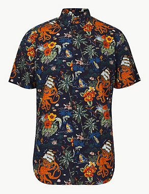 Cotton Rich Hawaiian Palm Print Shirt Image 2 of 6