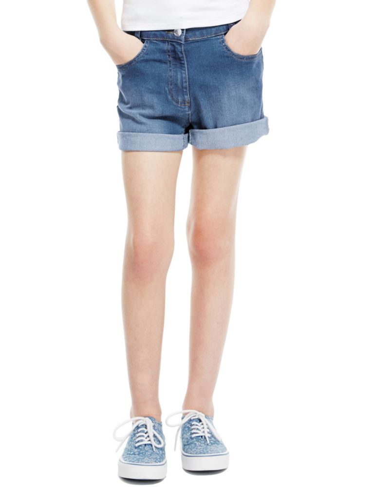 Cotton Rich High Waisted Denim Shorts (5-14 Years) 1 of 3