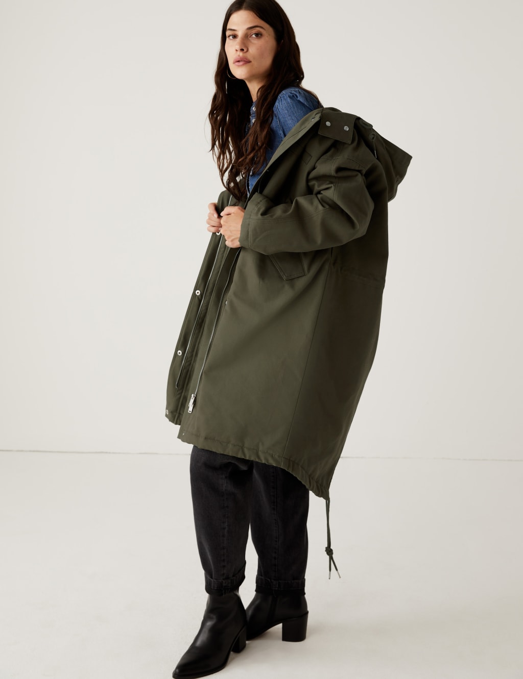 Cotton Rich Hooded Longline Parka Per Una M&S