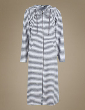 Cotton Rich Hooded Striped Velour Dressing Gown Image 2 of 3
