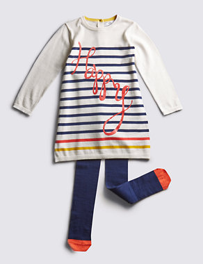 Cotton Rich Knitted Striped Dress with Tights (1-7 Years) Image 2 of 3