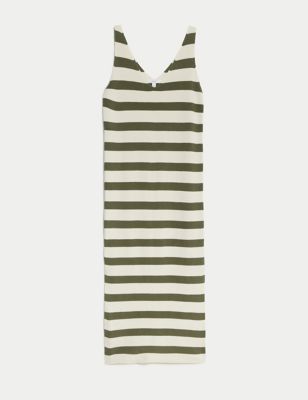 Cotton Rich Knitted Striped V-Neck Midi Dress Image 2 of 6