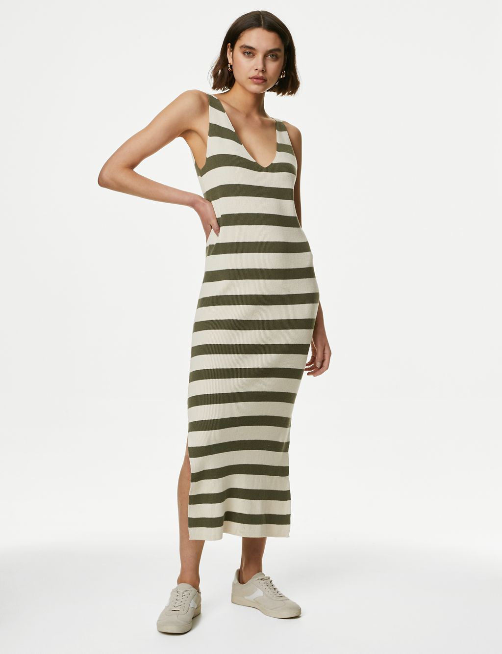 Cotton Rich Knitted Striped V-Neck Midi Dress 4 of 6