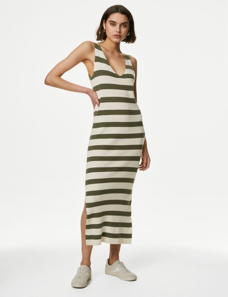 Cotton Rich Knitted Striped V-Neck Midi Dress 4 of 6