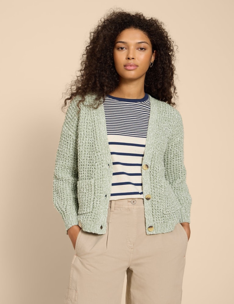 Cotton Rich Knitted V-Neck Cardigan 1 of 6