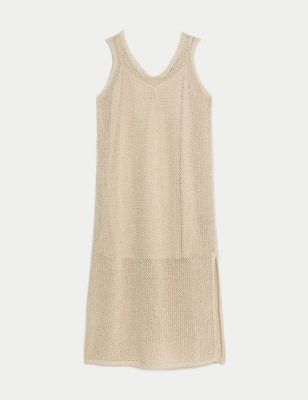 Cotton Rich Knitted V-Neck Midi Dress Image 2 of 6