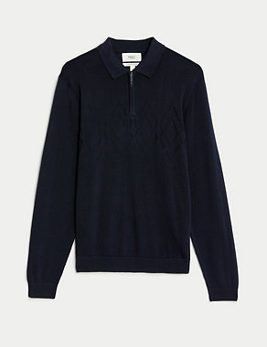 Cotton Rich Long Sleeve Knitted Polo Shirt Image 2 of 6