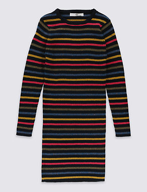 Cotton Rich Long Sleeve Striped Dress (5-14 Years) Image 2 of 3