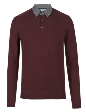 Cotton Rich Mock Knitted Polo Shirt Image 2 of 3