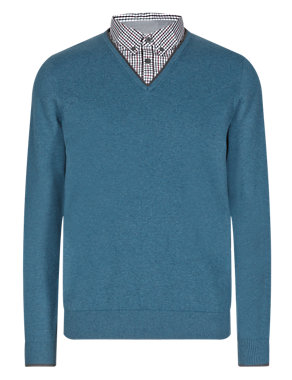 Cotton Rich Mock Layer Shirt Jumper Image 2 of 3