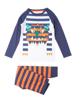 Cotton Rich Monster Print Striped Stay Soft Pyjamas (1-8 Years) Image 2 of 4