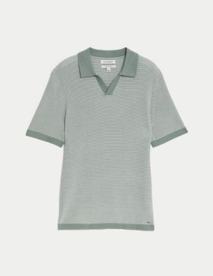 Cotton Rich Open Neck Knitted Polo Shirt Image 2 of 6