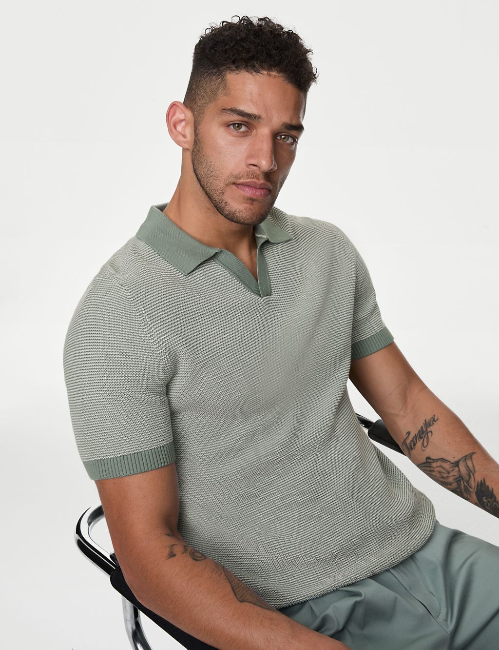 Cotton Rich Open Neck Knitted Polo Shirt 2 of 6