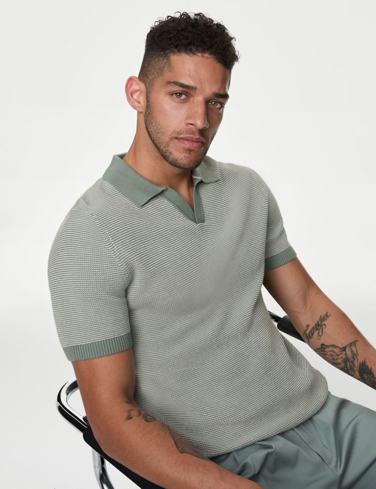 Cotton Rich Open Neck Knitted Polo Shirt 1 of 6