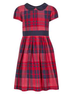 Cotton Rich Peter Pan Collar Checked Dress (1-7 Years) Image 2 of 3