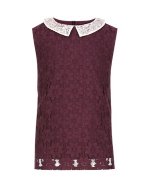 Cotton Rich Peter Pan Collar Floral Lace Top (5 -14 Years) Image 2 of 3