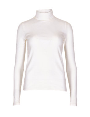 Cotton Rich Polo Neck Ribbed Top Image 2 of 4