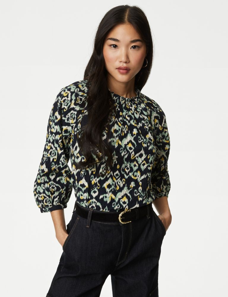 Cotton V-Neck Pintuck Long Sleeve Blouse, M&S Collection