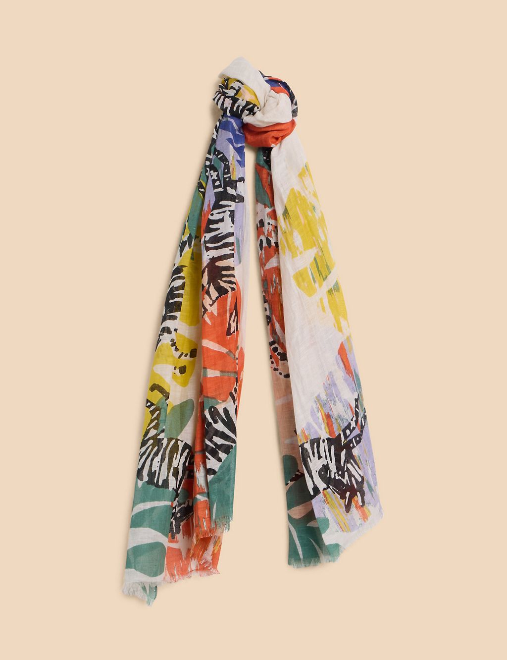 Cotton Rich Printed Fringed Scarf with Linen 3 of 3