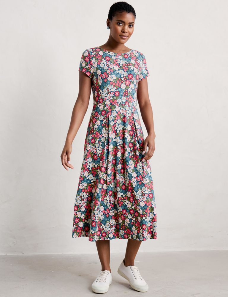Cotton Rich Printed Midi Waisted Dress 1 of 4