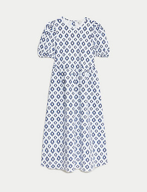 Cotton Rich Printed Puff Sleeve Waisted Dress Image 2 of 4