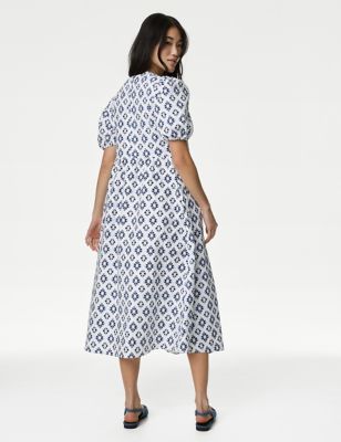 Cotton Rich Printed Puff Sleeve Waisted Dress, M&S Collection