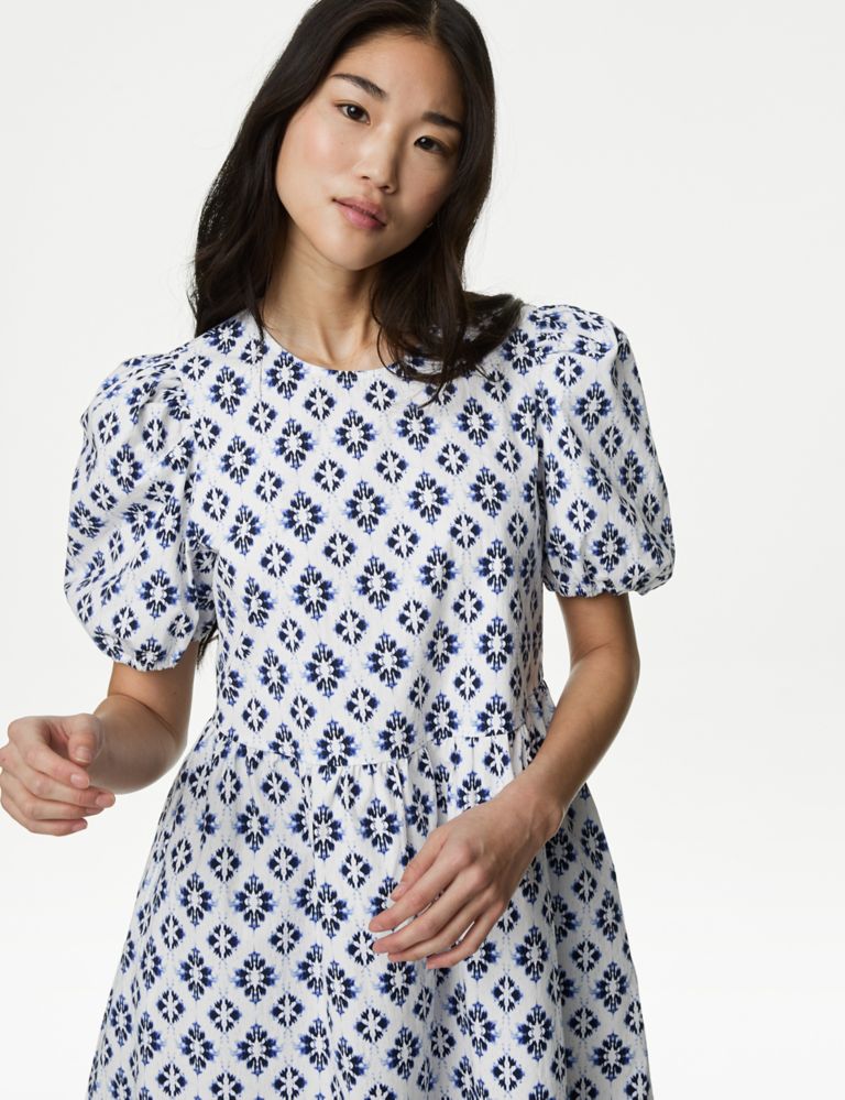 Cotton Rich Printed Puff Sleeve Waisted Dress 3 of 4