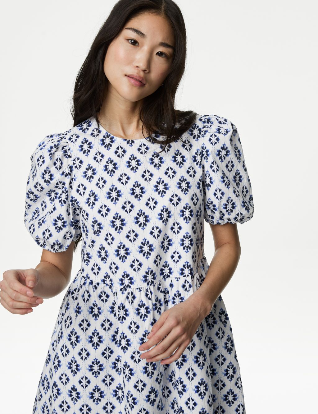 Cotton Rich Printed Puff Sleeve Waisted Dress 2 of 4