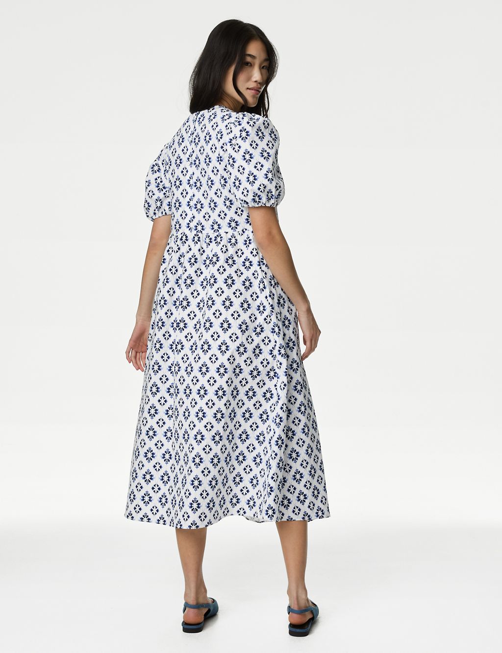 Cotton Rich Printed Puff Sleeve Waisted Dress 4 of 4