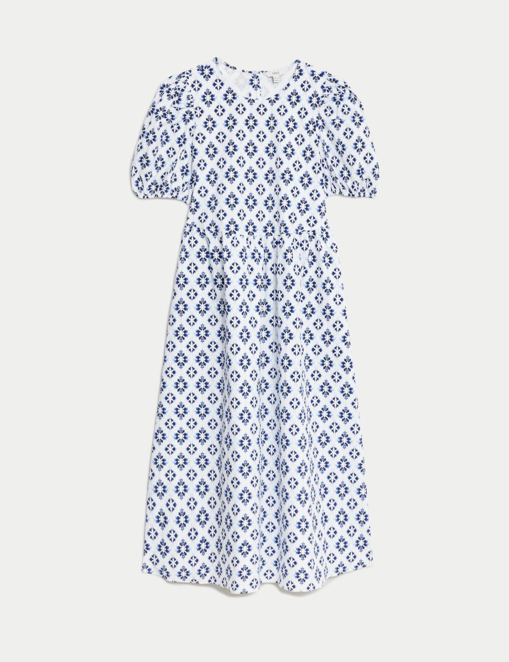 Cotton Rich Printed Puff Sleeve Waisted Dress 1 of 4