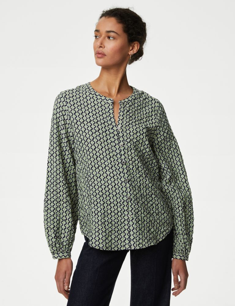Buy Cotton Rich Printed Textured Blouse | M&S Collection | M&S