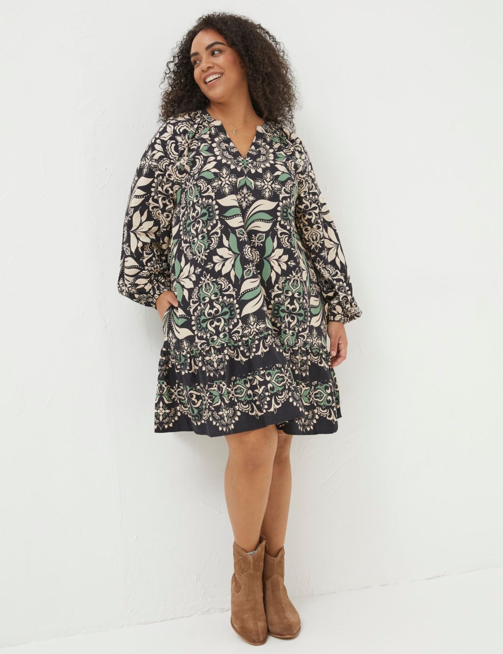Cotton Rich Printed V-Neck Swing Dress 5 of 5