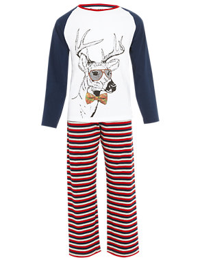 Cotton Rich Raglan Sleeve Stag & Striped Pyjamas Image 2 of 4