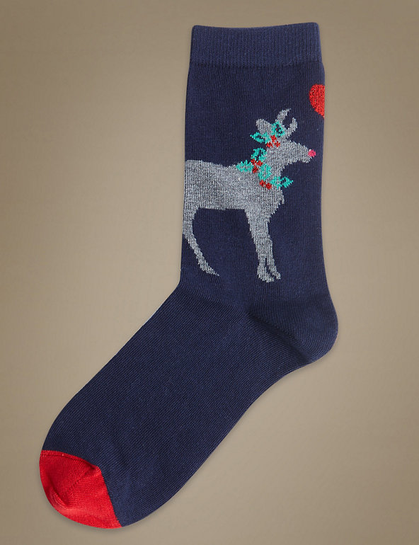 Cotton Rich Reindeer Ankle High Socks Image 1 of 1