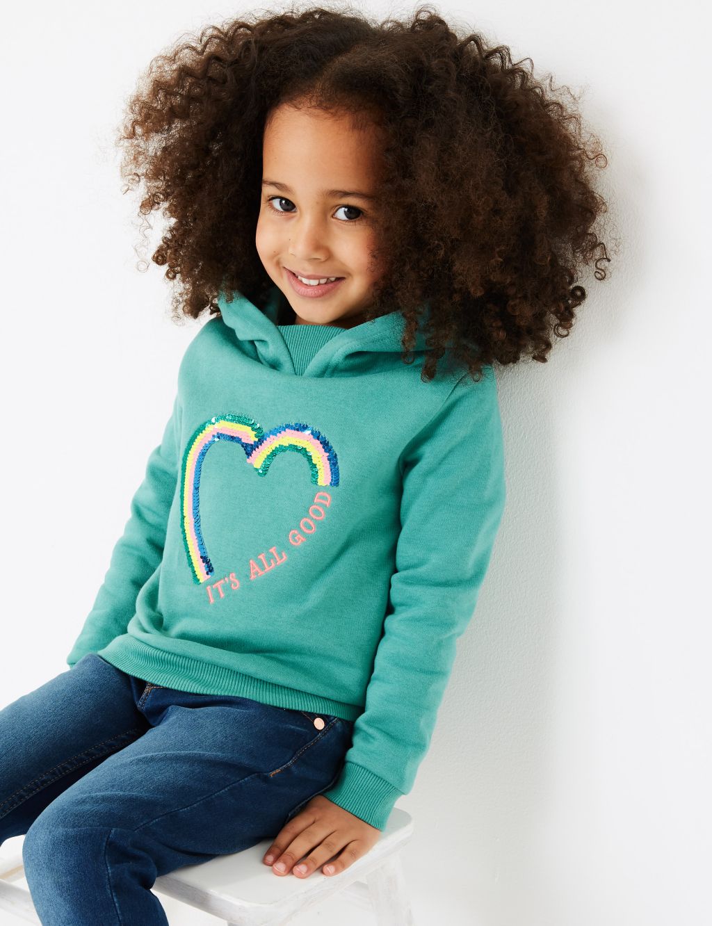 Cotton Rich Reversible Sequin Heart Hoodie (2-7 Yrs) | M&S