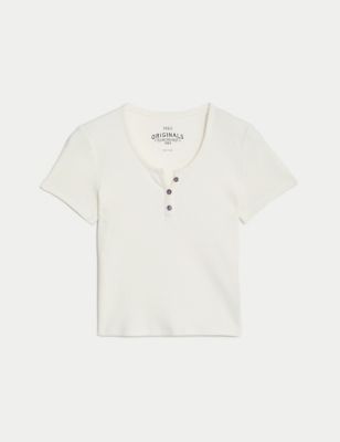 Cotton Rich Ribbed Button T-Shirt (6-16 Yrs) Image 2 of 5