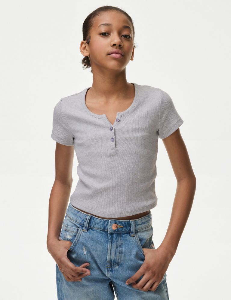 Cotton Rich Ribbed Button T-Shirt (6-16 Yrs) 1 of 5