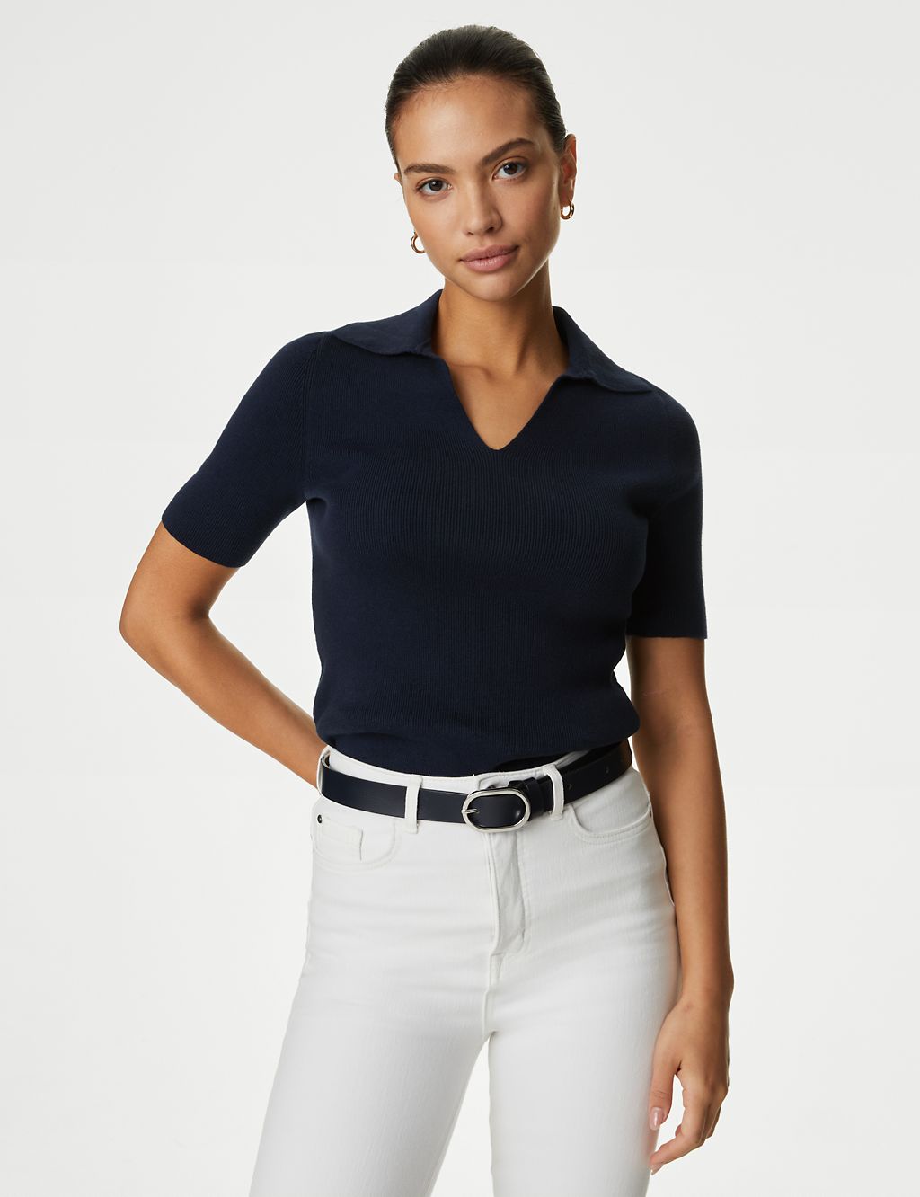 Cotton Rich Ribbed Collared Knitted Top 3 of 6