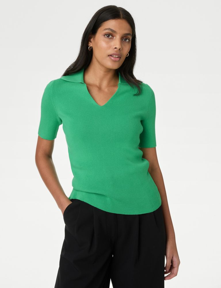 Cotton Rich Ribbed Collared Knitted Top 4 of 6