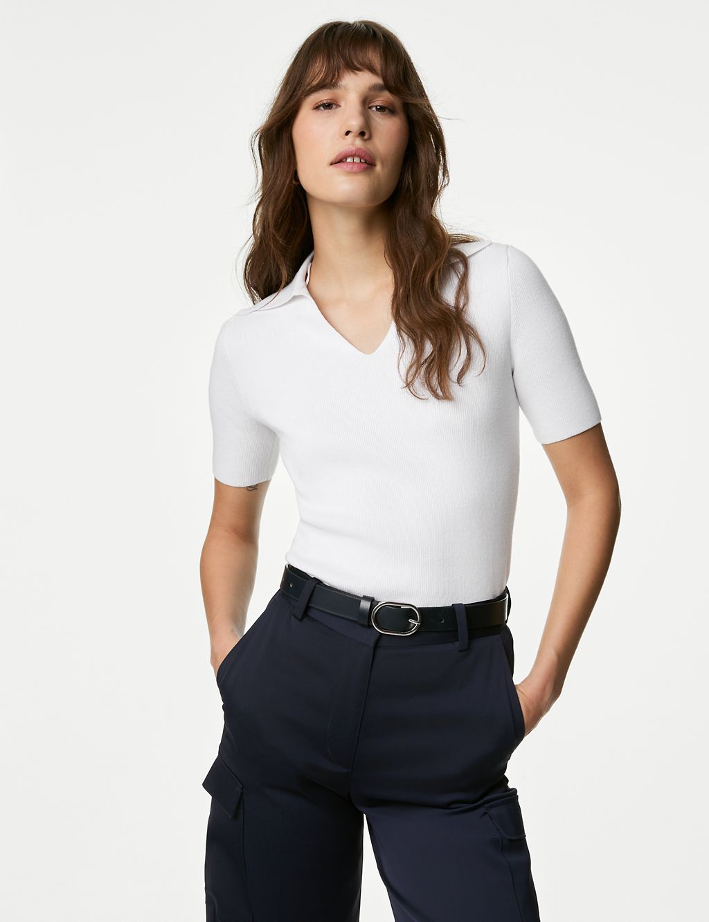 Cotton Rich Ribbed Collared Knitted Top 4 of 6